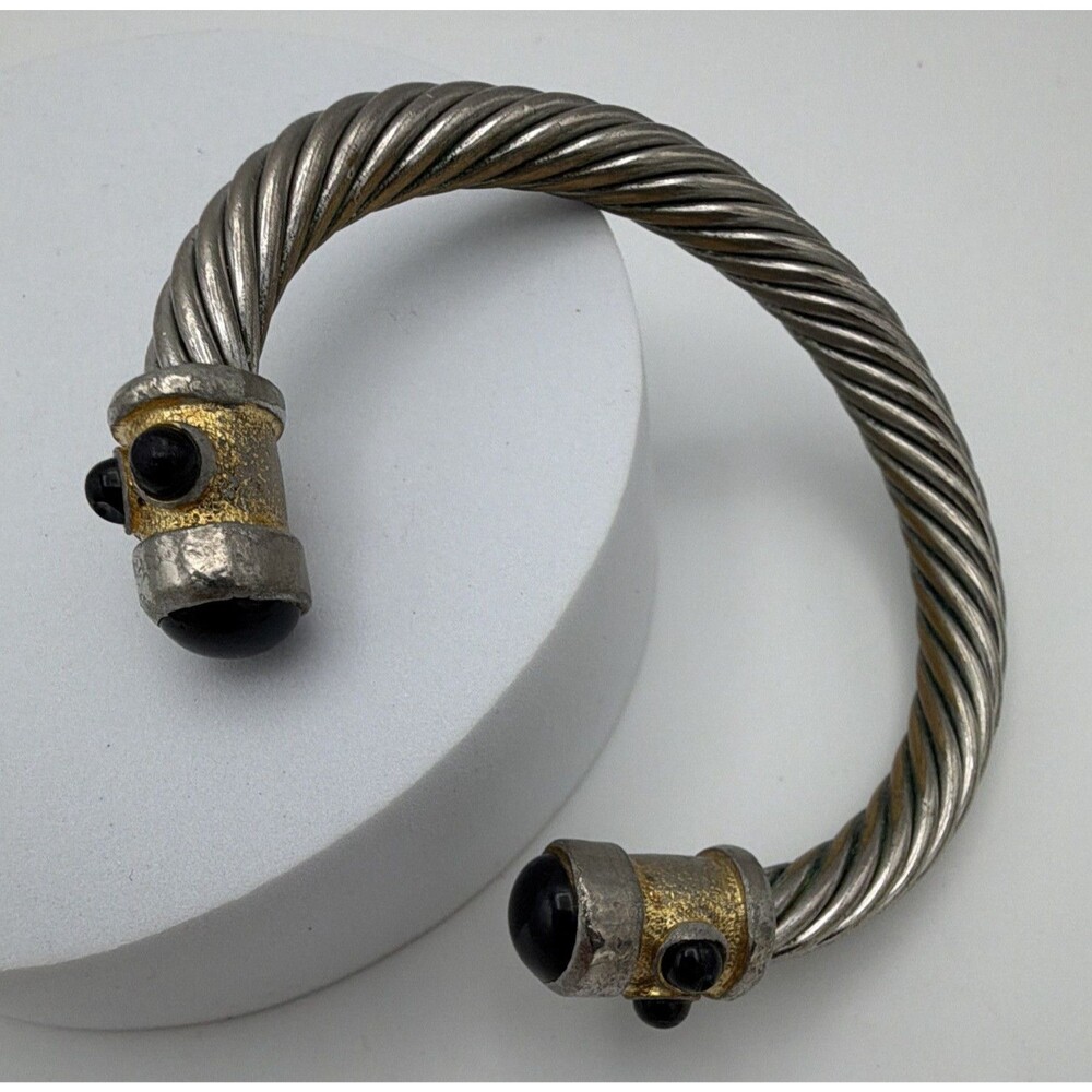 Silver/Gold Tone Twisted Wire Cable Cuff Bracelet Open Black Cabochon Ends
